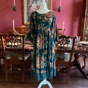 April Cornell Dark Green Floral Midi Dress NWT